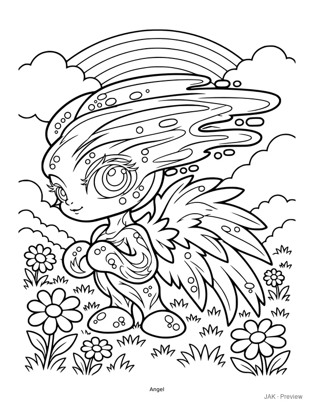 Angel with sweeping wings beneath swirling clouds, surrounded by flowers. Black-and-white coloring page preview.