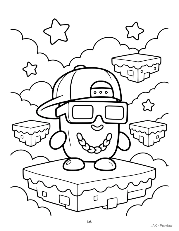 JAK wearing a backward cap and 3D glasses among floating platforms and stars. Black-and-white coloring page preview.