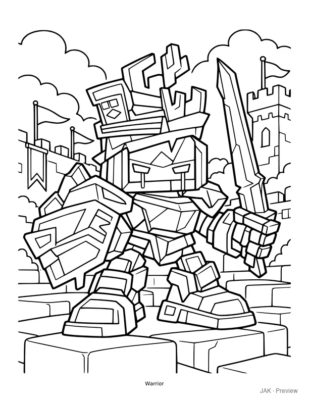 Warrior in angular armor standing among geometric ruins. Black-and-white coloring page preview.